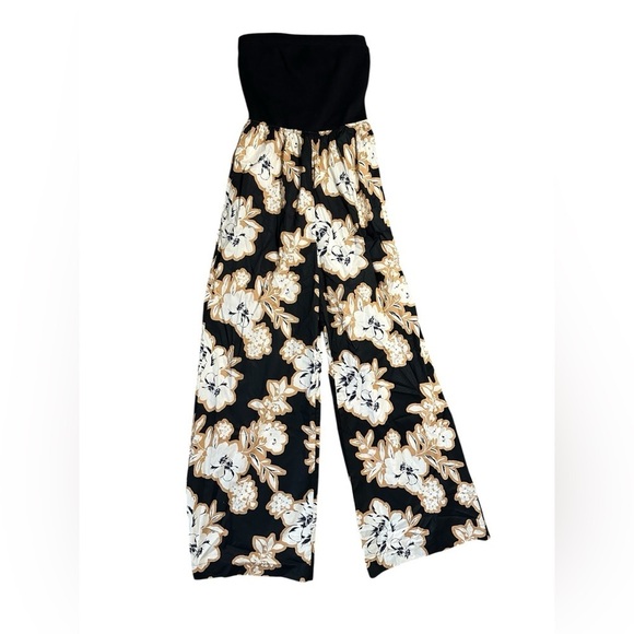 Evereve Miley ribbed bodice wide leg black floral Jumpsuit size M - Picture 2 of 6